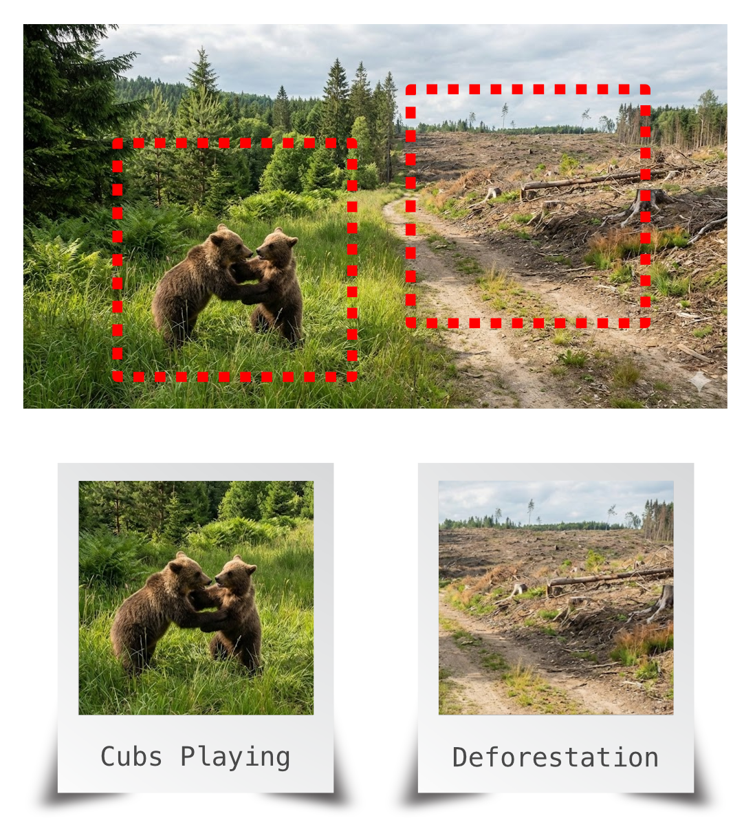 Bear cubs playing beside a deforested area in the same forest.